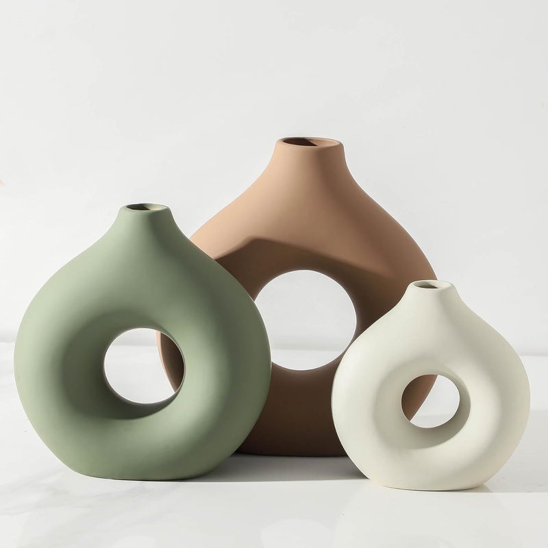 Vanselia Ceramic Vase Home Table Decor - Flower Vases Set of 3 Small Living Room Centerpiece Decorations for Shelf Bedroom Office Kitchen Dining Desk Modern Aesthetic Farmhouse Decorative (Brown) - Image 1
