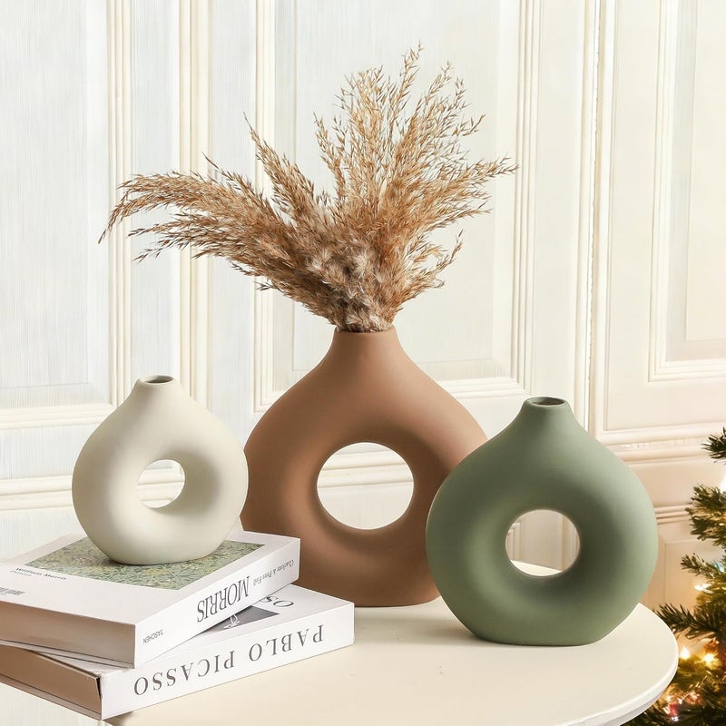 Vanselia Ceramic Vase Home Table Decor - Flower Vases Set of 3 Small Living Room Centerpiece Decorations for Shelf Bedroom Office Kitchen Dining Desk Modern Aesthetic Farmhouse Decorative (Brown) - Image 4