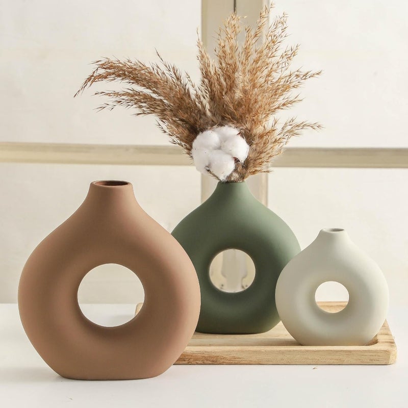 Vanselia Ceramic Vase Home Table Decor - Flower Vases Set of 3 Small Living Room Centerpiece Decorations for Shelf Bedroom Office Kitchen Dining Desk Modern Aesthetic Farmhouse Decorative (Brown) - Image 5