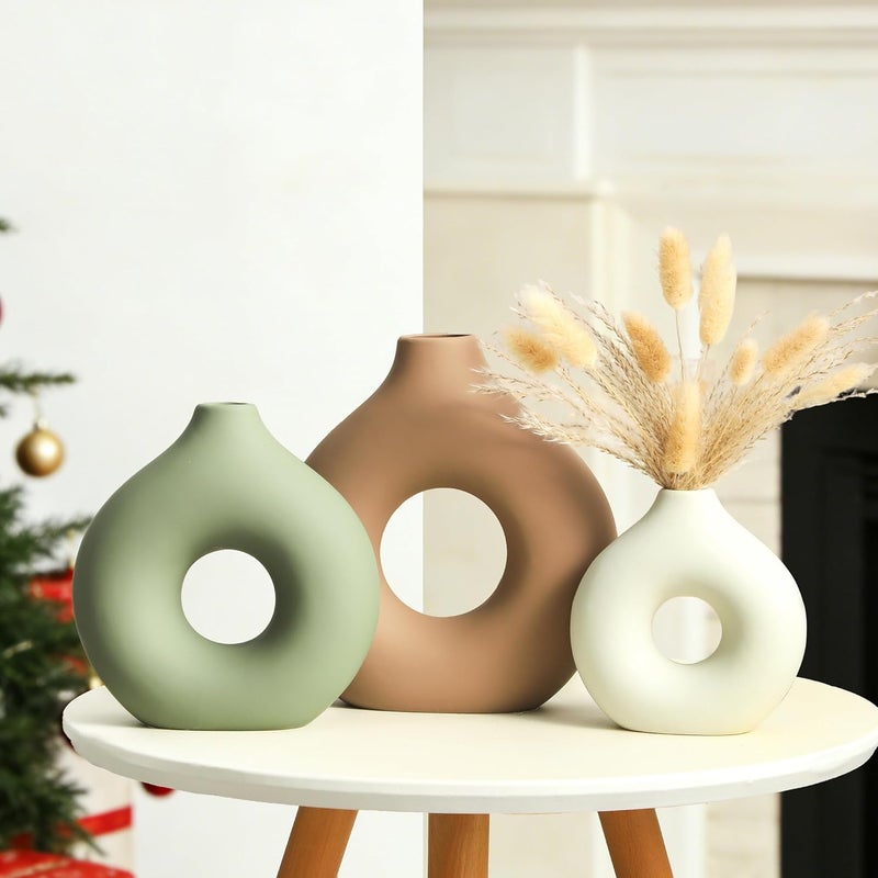 Vanselia Ceramic Vase Home Table Decor - Flower Vases Set of 3 Small Living Room Centerpiece Decorations for Shelf Bedroom Office Kitchen Dining Desk Modern Aesthetic Farmhouse Decorative (Brown) - Image 3