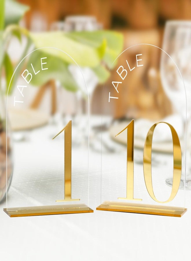 JINMURY Arch Wedding Table Numbers 1-10 with Stand, 10 Pack 5x7 Inch Clear Arch Acrylic Sign with Gold Number, Clear and Gold Acrylic Table Numbers for Wedding Reception - Image 1