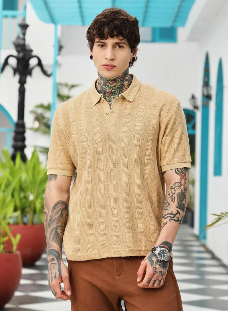 Campus Sutra Campus Sutra Men's Khaki Beige Candy Stripe-Knitted Polo T-Shirt | Jacquard Polo Neck , Short Ribbed Cuff Sleeves , Button Closure , Straight Hem | Cotton-Blend T-shirt For Casual Wear