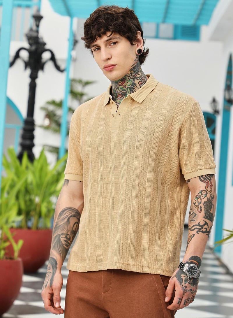 Campus Sutra Campus Sutra Men's Khaki Beige Candy Stripe-Knitted Polo T-Shirt | Jacquard Polo Neck , Short Ribbed Cuff Sleeves , Button Closure , Straight Hem | Cotton-Blend T-shirt For Casual Wear  - Image 3