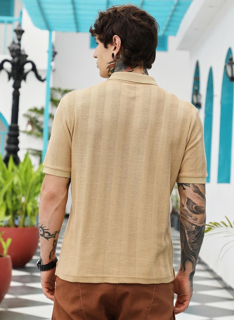 Campus Sutra Campus Sutra Men's Khaki Beige Candy Stripe-Knitted Polo T-Shirt | Jacquard Polo Neck , Short Ribbed Cuff Sleeves , Button Closure , Straight Hem | Cotton-Blend T-shirt For Casual Wear  - Image 5