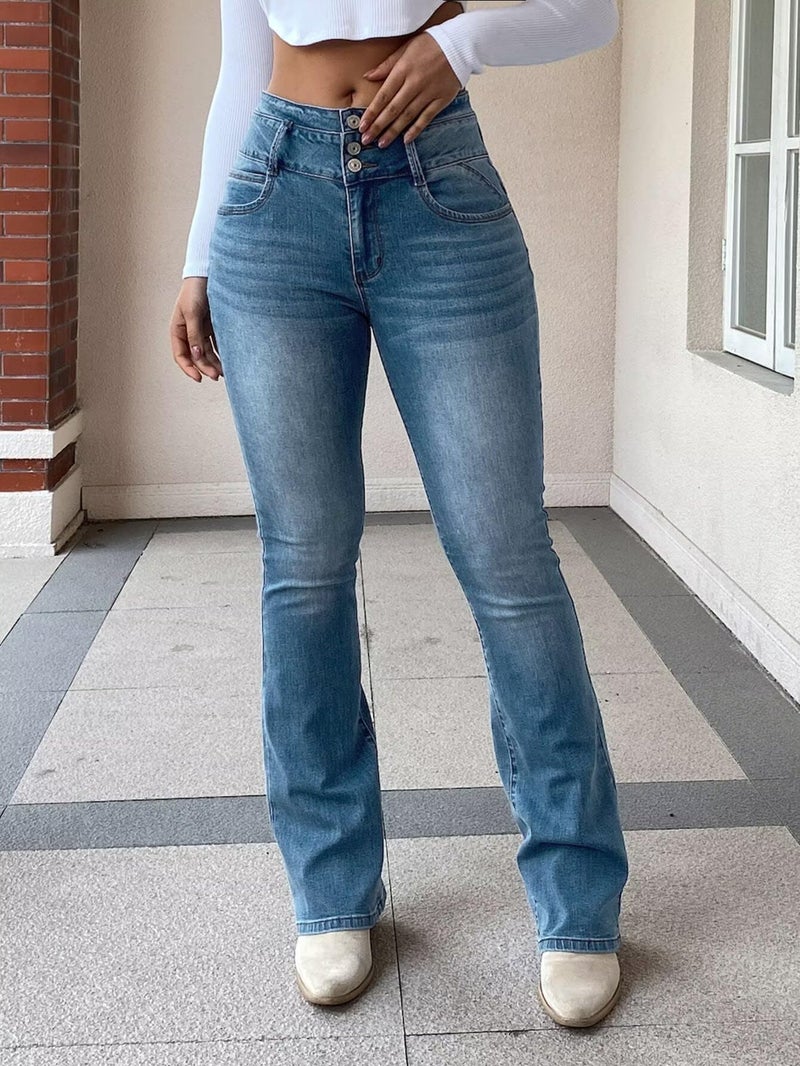 Flamingals Butt Lifting Jeans for Women Trendy High Waist Tummy Control Jeans Bootcut Flare Pants Mid Blue XL - Image 3