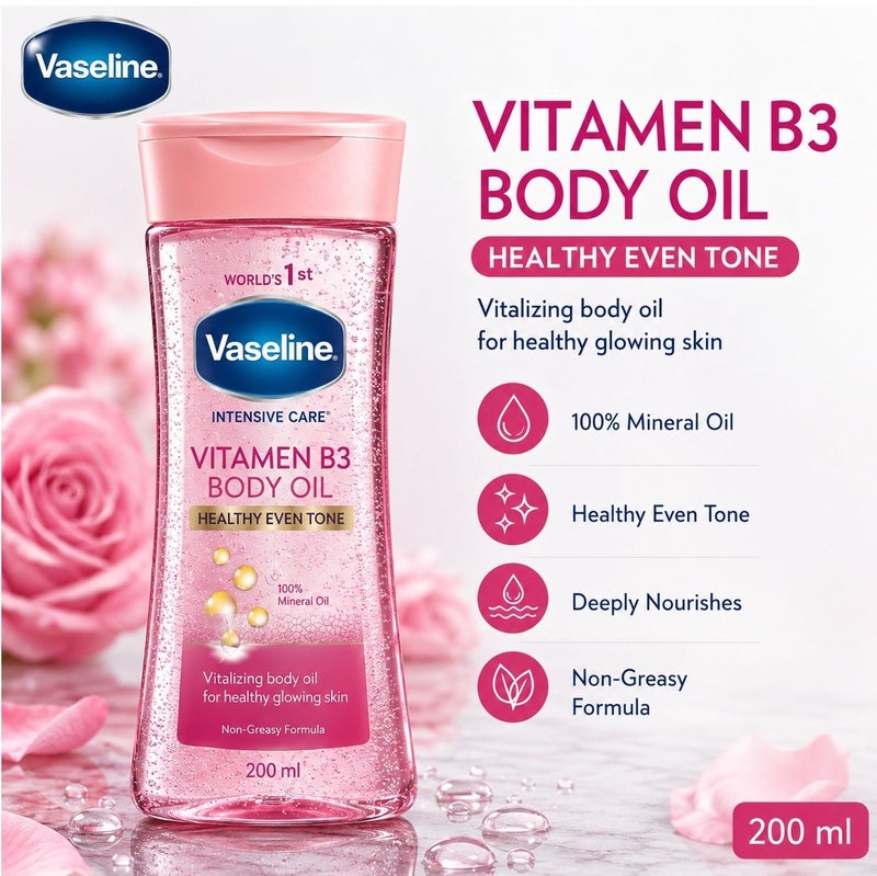 فازلين زيت الجسم "فازلين إنتنسيف كير" (Vaseline Intensive Care) بفيتامين B3، زيت مرطب خفيف الوزن لبشرة ناعمة ومشرقة، تركيبة سريعة الامتصاص، 200 مل، عبوة واحدة. - Image 1