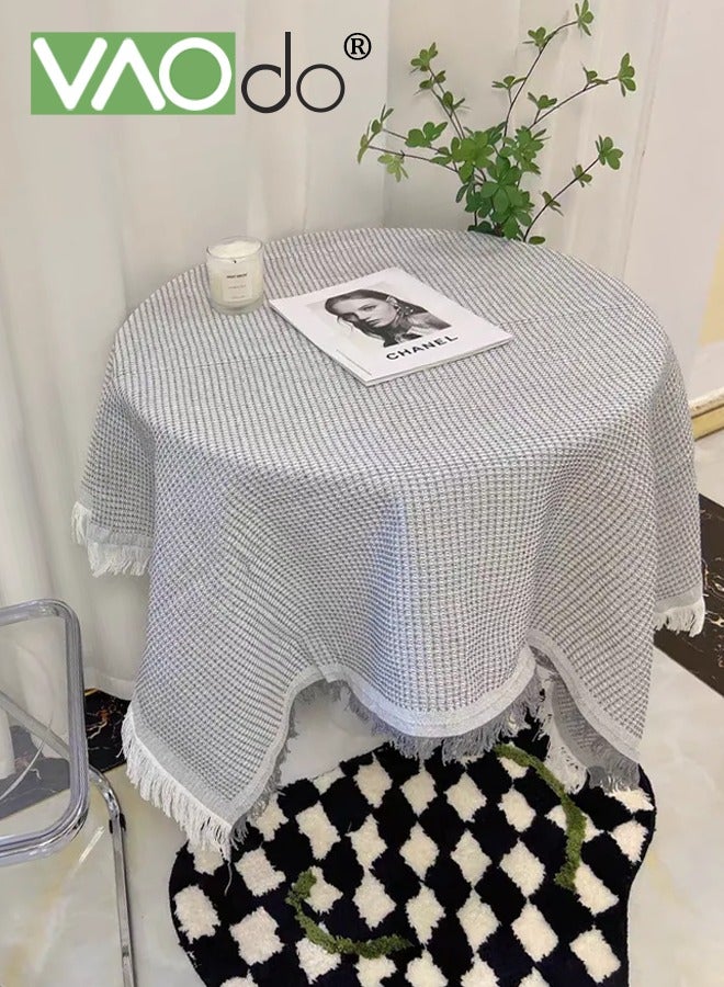 فاو دو مفرش طاولة مربع مع أطراف مزينة بشراشيب، غطاء طاولة بنسيج وافل، ديكور طاولة بسيط وريفي للمطبخ وتناول الطعام وحفلات الزفاف، رمادي 90*90 سم - Image 1