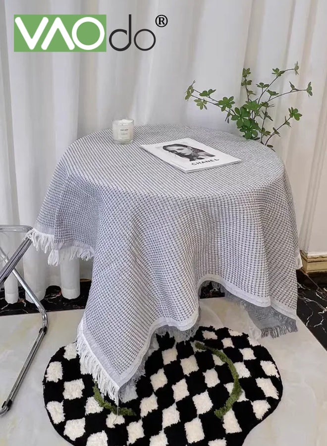فاو دو مفرش طاولة مربع مع أطراف مزينة بشراشيب، غطاء طاولة بنسيج وافل، ديكور طاولة بسيط وريفي للمطبخ وتناول الطعام وحفلات الزفاف، رمادي 90*90 سم - Image 2