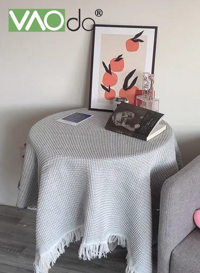 فاو دو مفرش طاولة مربع مع أطراف مزينة بشراشيب، غطاء طاولة بنسيج وافل، ديكور طاولة بسيط وريفي للمطبخ وتناول الطعام وحفلات الزفاف، رمادي 90*90 سم - Image 3