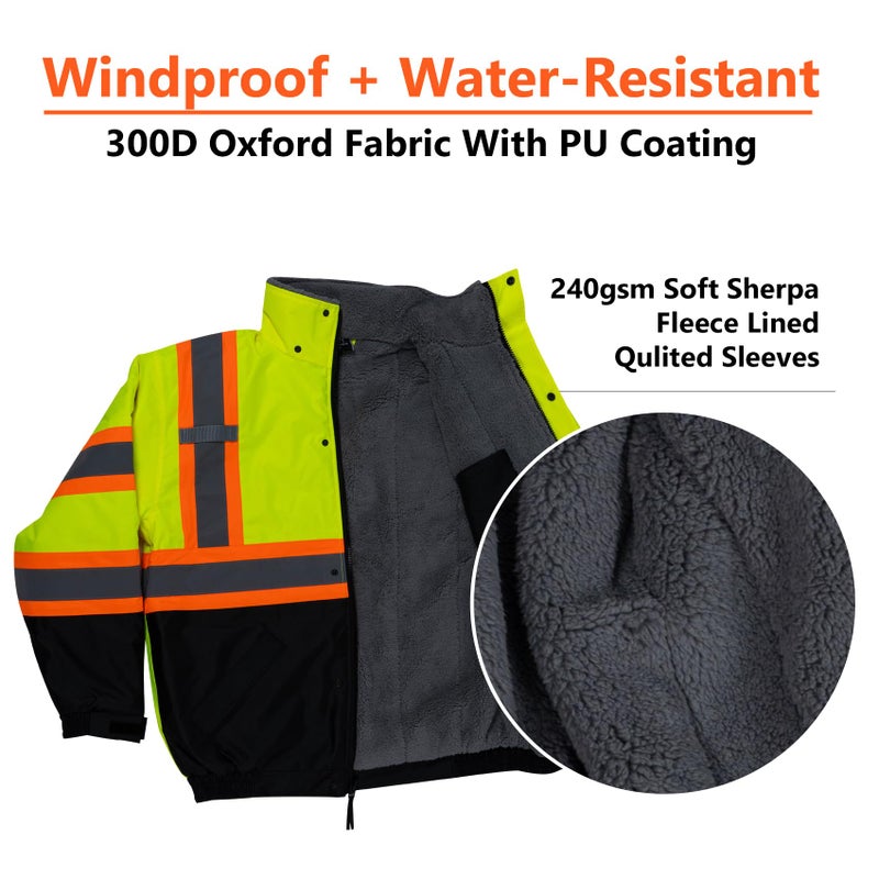 VENDACE High Visibility Reflective Safety Jackets for Men Sherpa Fleece Lining ANSI Class 3 Hi Vis Winter Construction Work Jacket (Lime,2XL) - Image 4
