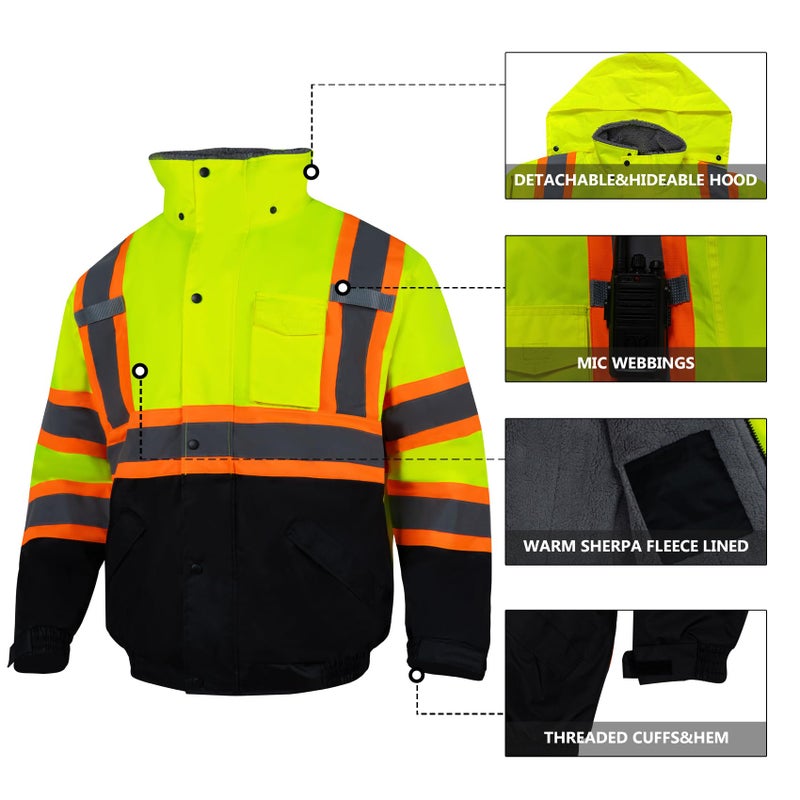 VENDACE High Visibility Reflective Safety Jackets for Men Sherpa Fleece Lining ANSI Class 3 Hi Vis Winter Construction Work Jacket (Lime,2XL) - Image 5