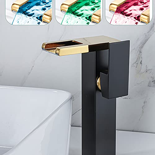 Chiczam Bathroom Vessel Led Faucet Black& Gold 3 Color Changing Waterfall Single Handle One Hole Bowl Sink Faucet Vanity Lavatory Deck Mount Mixer Tap with Pop Up Drain Without Overflow and Supply Lines - Image 4