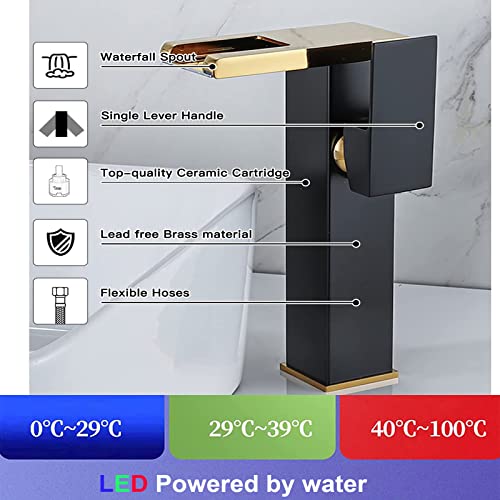 Chiczam Bathroom Vessel Led Faucet Black& Gold 3 Color Changing Waterfall Single Handle One Hole Bowl Sink Faucet Vanity Lavatory Deck Mount Mixer Tap with Pop Up Drain Without Overflow and Supply Lines - Image 5