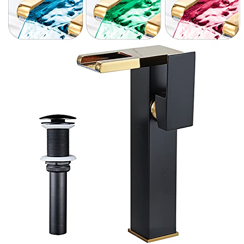 Chiczam Bathroom Vessel Led Faucet Black& Gold 3 Color Changing Waterfall Single Handle One Hole Bowl Sink Faucet Vanity Lavatory Deck Mount Mixer Tap with Pop Up Drain Without Overflow and Supply Lines - Image 1