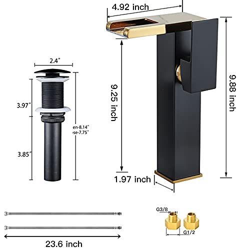 Chiczam Bathroom Vessel Led Faucet Black& Gold 3 Color Changing Waterfall Single Handle One Hole Bowl Sink Faucet Vanity Lavatory Deck Mount Mixer Tap with Pop Up Drain Without Overflow and Supply Lines - Image 2