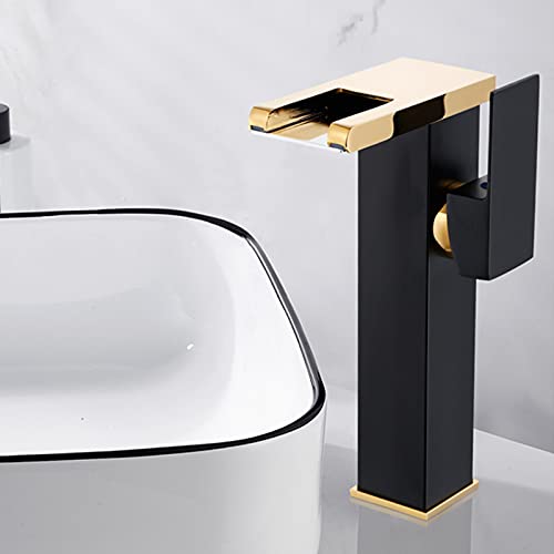 Chiczam Bathroom Vessel Led Faucet Black& Gold 3 Color Changing Waterfall Single Handle One Hole Bowl Sink Faucet Vanity Lavatory Deck Mount Mixer Tap with Pop Up Drain Without Overflow and Supply Lines - Image 3