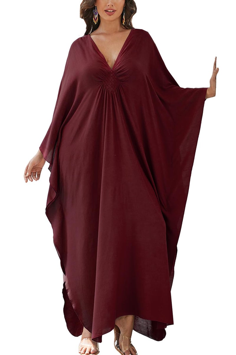 YouKD Women's Solid Color Bohemian Kaftan Dress Beach Cover Ups Plus Size Bathrobes One Size - Image 1