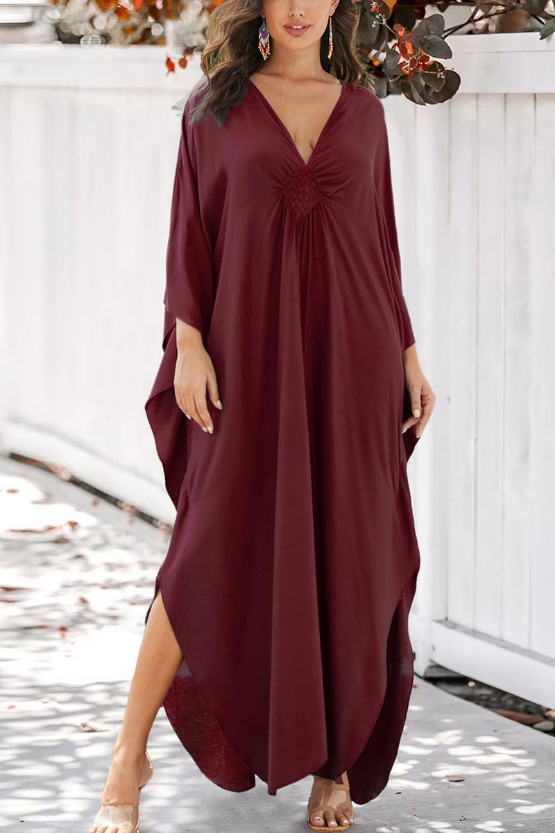 YouKD Women's Solid Color Bohemian Kaftan Dress Beach Cover Ups Plus Size Bathrobes One Size - Image 3