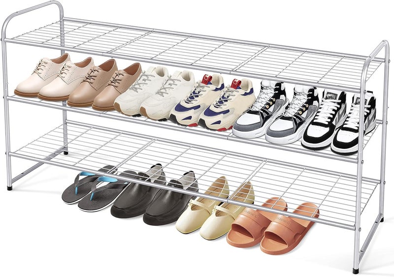 KEETDY 3Tier Long Shoe Rack for Closet Metal Shoe Organizer for Entryway Wide Stackable Shoe Storage Shelf with Sturdy Wire Grid for Closet Floor Bedroom Grey
