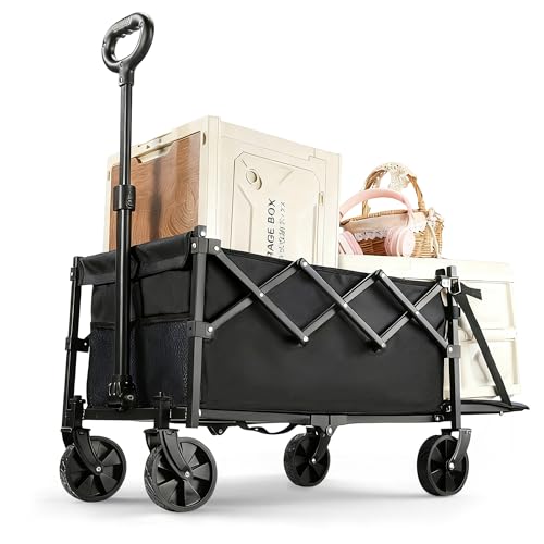XMT 100L Folding Wagon Cart Push & Pull Beach, 350 lbs Weight Capacity Heavy Duty Folding Beach Wagons with Big All-Terrain Wheels & Drink Holders for Groceries, Shopping, Camping, Sports - Black - Image 1