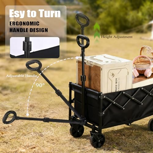 XMT 100L Folding Wagon Cart Push & Pull Beach, 350 lbs Weight Capacity Heavy Duty Folding Beach Wagons with Big All-Terrain Wheels & Drink Holders for Groceries, Shopping, Camping, Sports - Black - Image 4