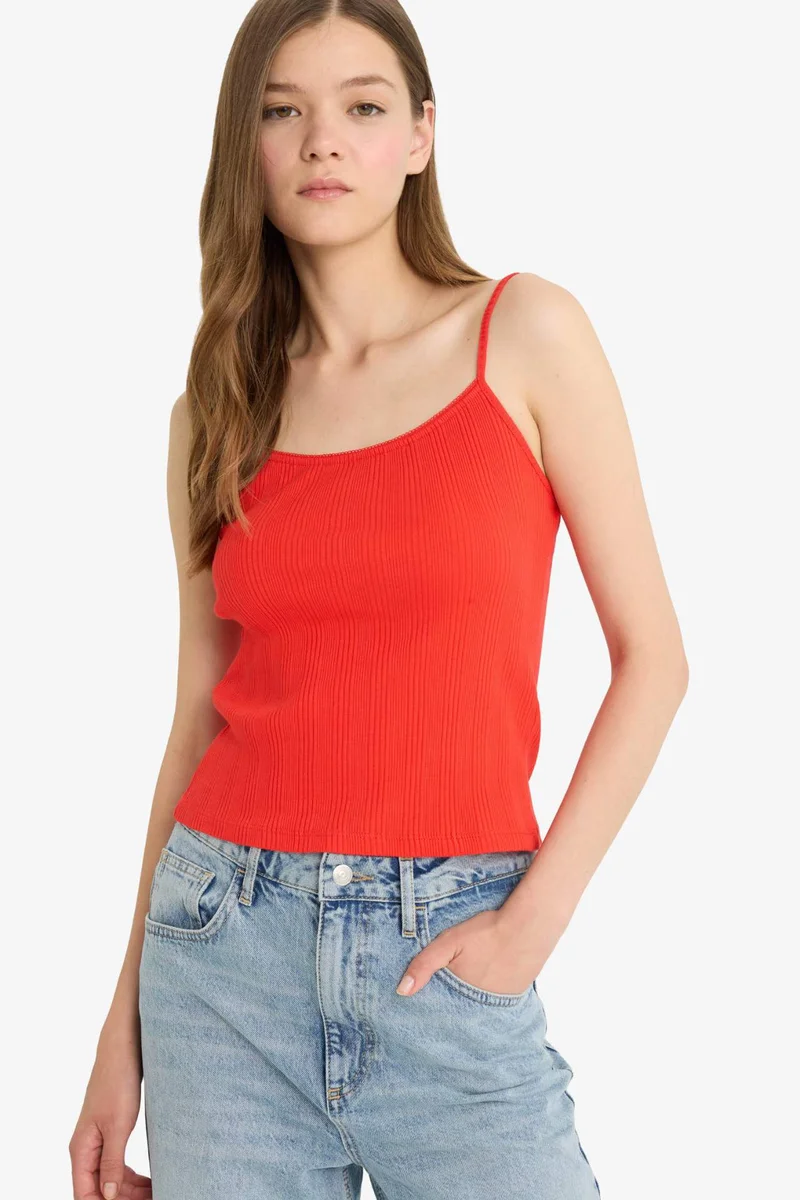 ديفاكتو Fitted U Neck Ribbed Strappy Red Tank Top