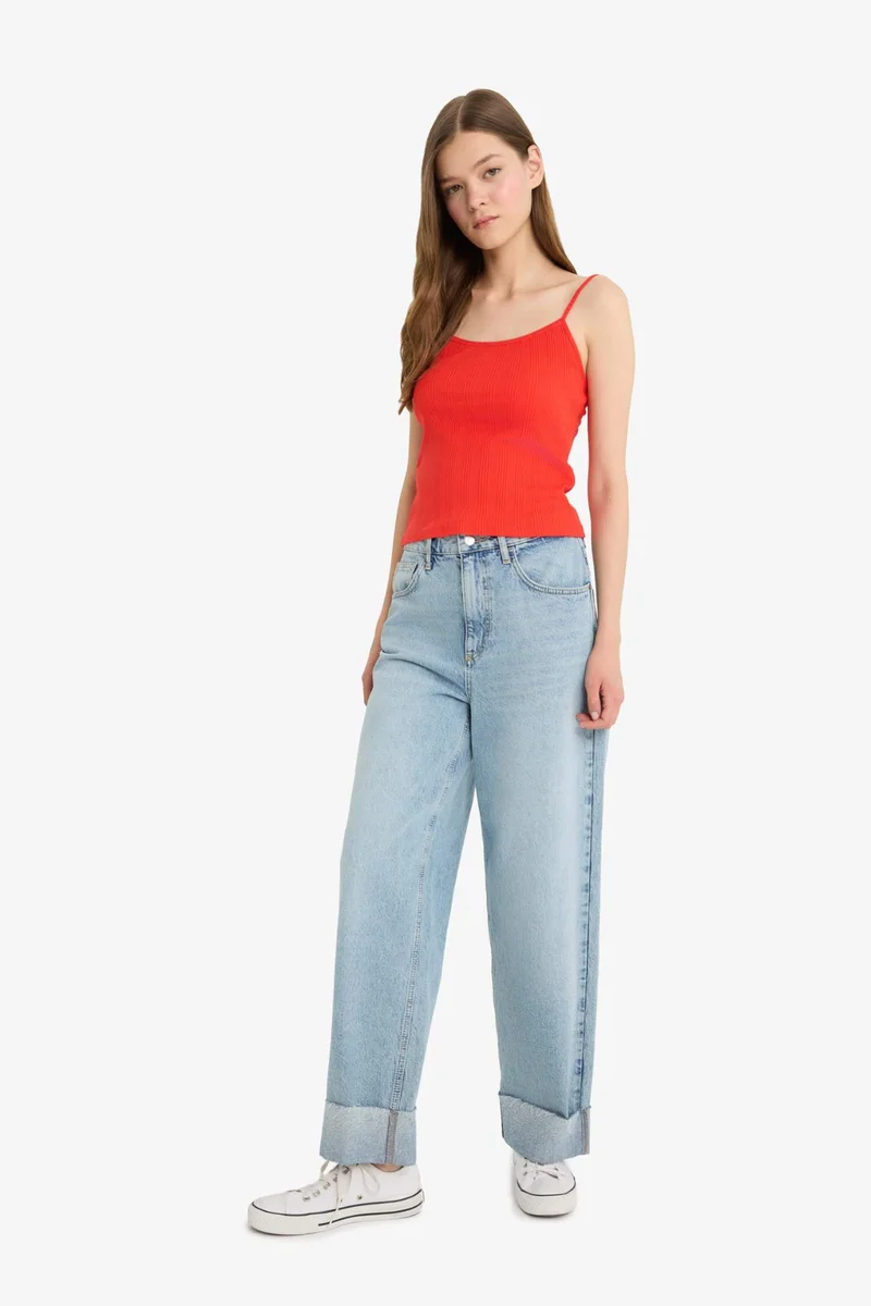ديفاكتو Fitted U Neck Ribbed Strappy Red Tank Top