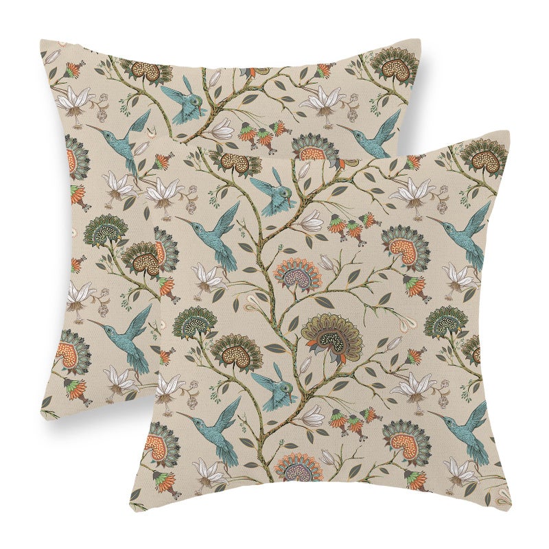 GOLIANDA Chinoiserie Pillow Covers 18x18 Inch Set of 2 Blue Green Bird Floral Throw Pillows Vintage Plants Flower Decorations Pillow Cases Outdoor Chinoiserie Decor Linen Cushion Cover for Couch Home - Image 1