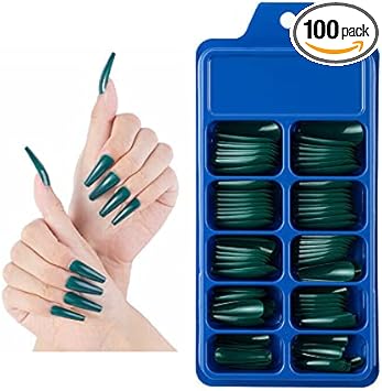 Amni 100 x Natural Look False Nail Tips 10 Sizes Matte Full Cover Long StilettoPointy Fake Nails Art Manicure UK DARK GREEN COFFIN - Image 1