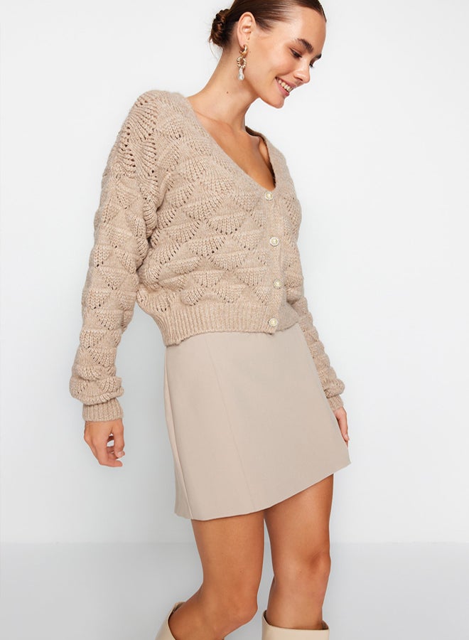 trendyol Mink Openwork/Perforated V-Neck Knitwear Cardigan - Image 2