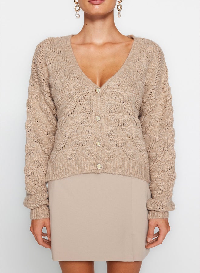 trendyol Mink Openwork/Perforated V-Neck Knitwear Cardigan - Image 4