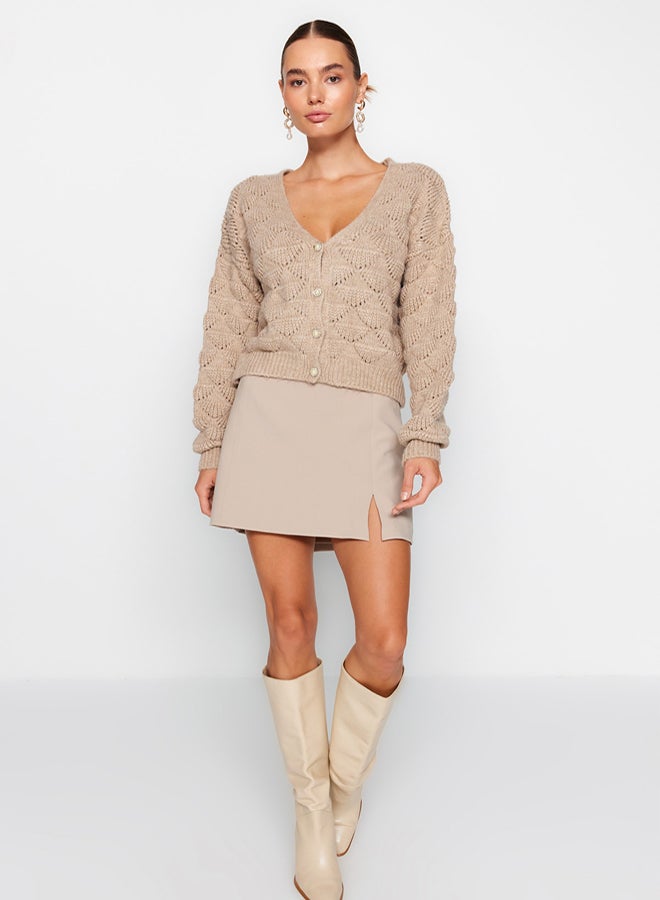 trendyol Mink Openwork/Perforated V-Neck Knitwear Cardigan - Image 3