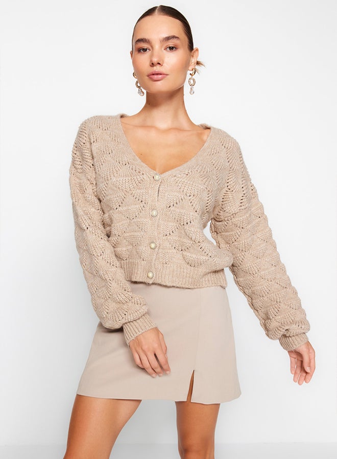 trendyol Mink Openwork/Perforated V-Neck Knitwear Cardigan - Image 1