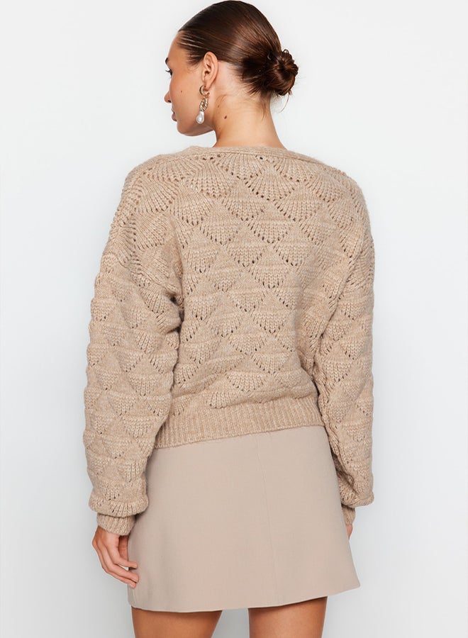 trendyol Mink Openwork/Perforated V-Neck Knitwear Cardigan - Image 5