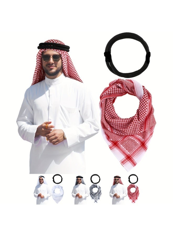 شماغ عربي كوفية رجالية، وشاح رأس صحراوي تقليدي مع حبل عقال، ملابس رأس إسلامية للاستخدام اليومي والمناسبات والعيد - Image 1