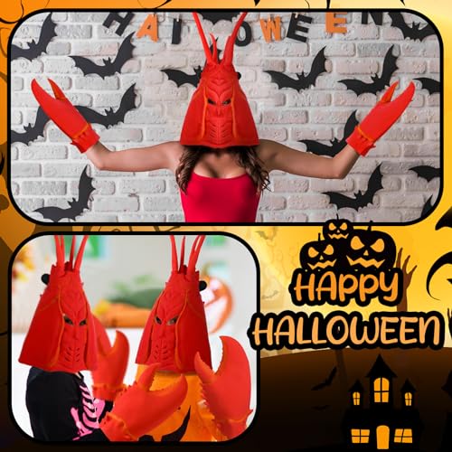 Newcotte 2 Pcs Halloween Crab Lobster Costume Set Funny Hat Latex Giant Claws Gloves for Men Women Cosplay Party(Lobster Style) - Image 5