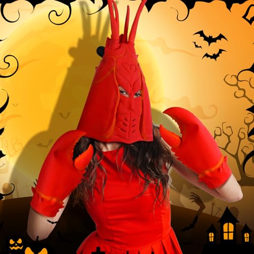 Newcotte 2 Pcs Halloween Crab Lobster Costume Set Funny Hat Latex Giant Claws Gloves for Men Women Cosplay Party(Lobster Style) - Image 2