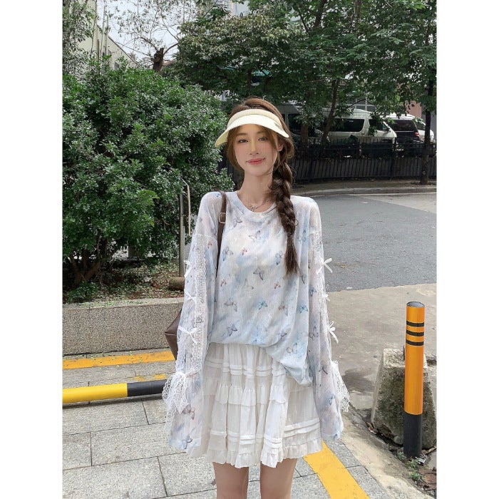 [Factory Straight Hair] Thin Printed Long-sleeved Sunscreen T-shirt Summer Design Bow Lace Stitching Top blue butterfly