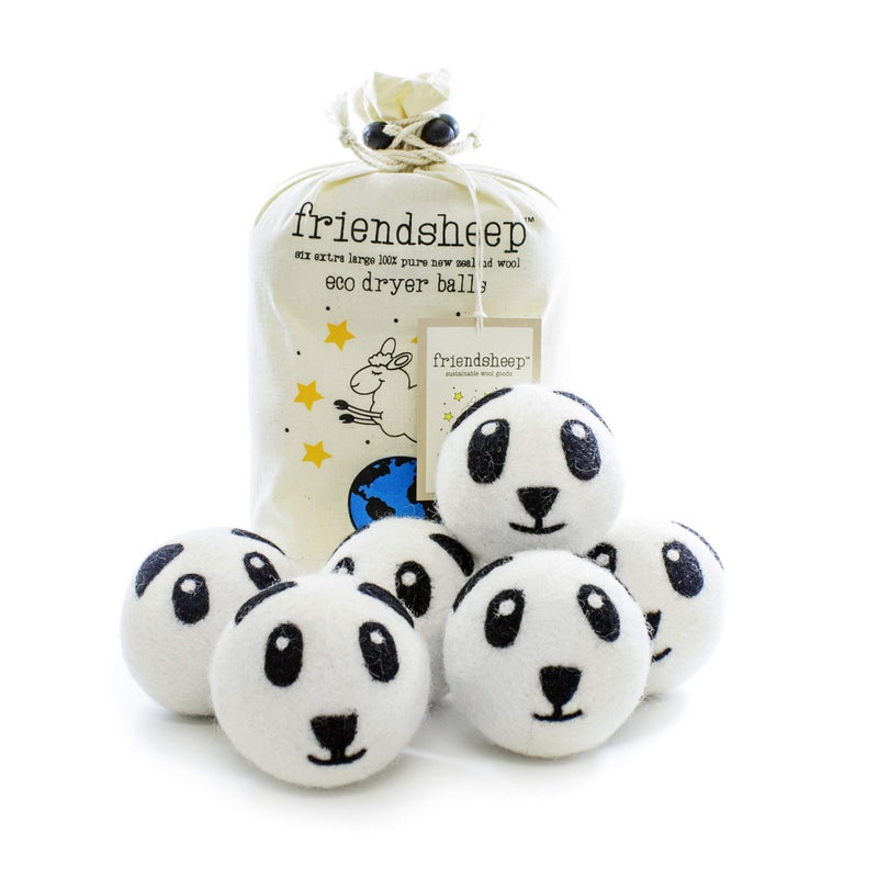 Friendsheep Wool Dryer Balls, Organic Reusable Fabric Softener Alternative for Laundry, Handmade, Fair Trade, Hypoallergenic, Eco-Friendly, Plastic-Free (6 Pack XL â€“ Panda)