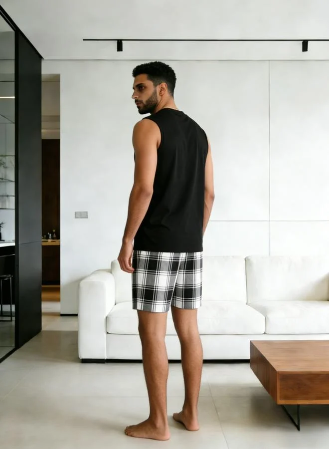 Take Two Black Men Printed Round Neck Tank and Checked Shorts Set for Men | Best Price UAE