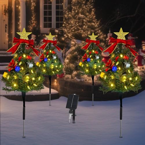 Tngan Solar Christmas Tree Pathway Lights Outdoor Set of 4 Solar Christmas Tree Stake Lights 80 Outdoor LEDs Xmas Decor Christmas Decor DIY Xmas Tree Gift Warm White - Image 1
