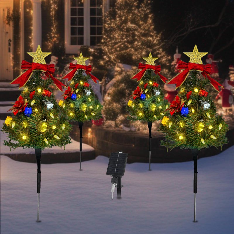 Tngan Solar Christmas Tree Pathway Lights Outdoor Set of 4 Solar Christmas Tree Stake Lights 80 Outdoor LEDs Xmas Decor Christmas Decor DIY Xmas Tree Gift Warm White - Image 2