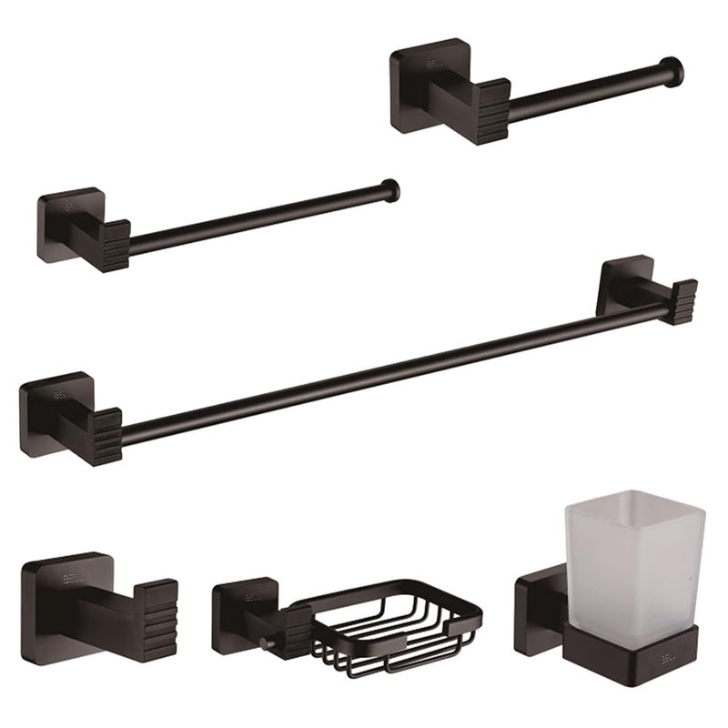iBELL IBELL Black Aluminum Set of 6PcsBathroom Hardware Set Towel BarSoap HolderToothbrush Holder with TumblerToilet Paper HolderHookTowel Ring Matte Black  - Image 1