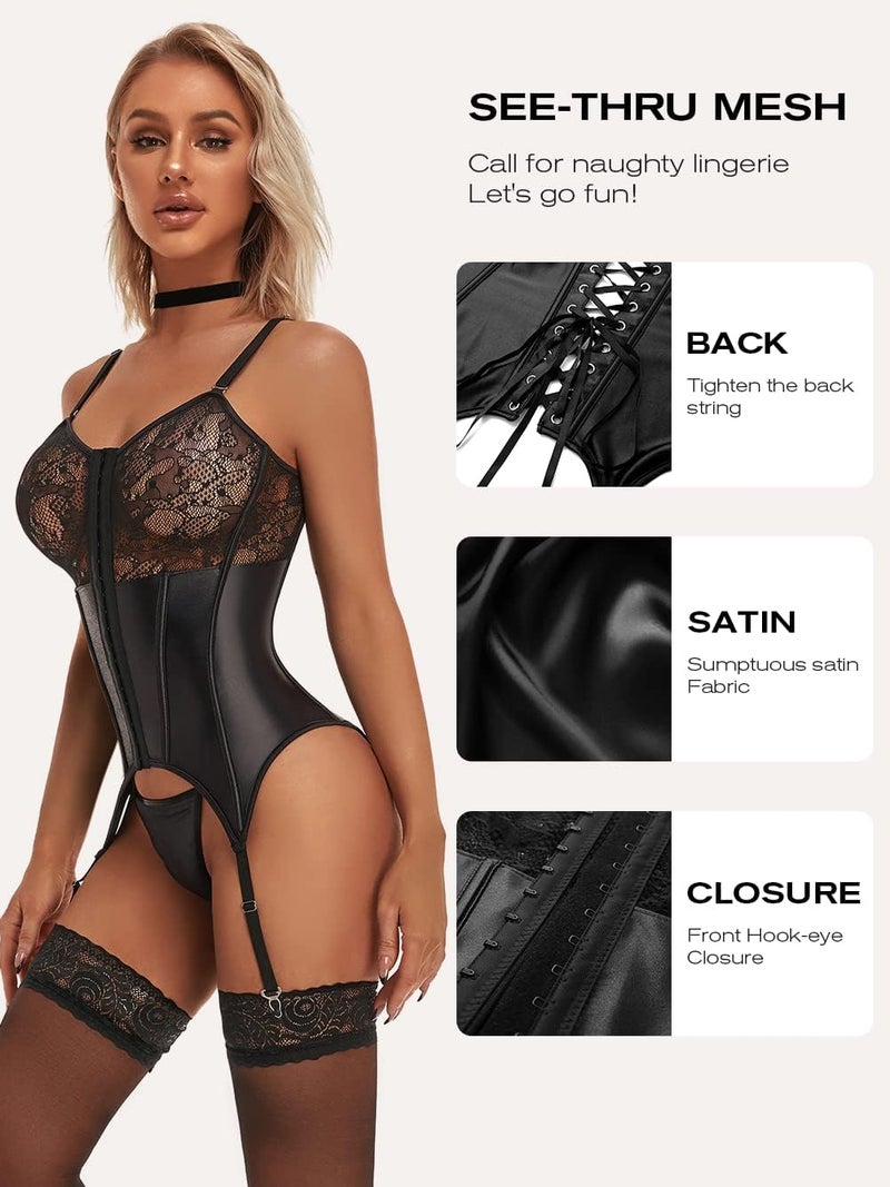 GirlFriend Women Leather Lingerie Black Babydoll Garter Belt Bodysuit Teddy and Panty Round Neck Nightwear Chemise Nightie Bodysuit Stocking NOT Included - Image 2