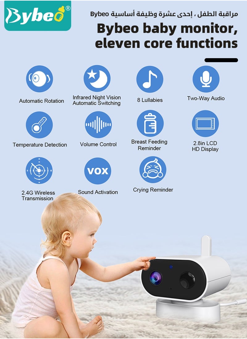 Bybeo Upgrade Baby Monitor, 2.8 Inch LCD Display Baby Camera Monitor with Camera and 2-Way Audio, Ultra-Clear Night Vision, Temperature Sensor and 8 Lullabies, Ideal for Baby/Elderly/Pet  - Image 3