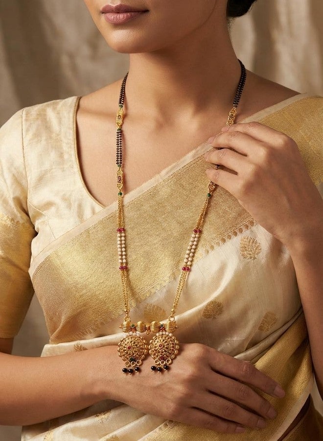 قلادة "فاتي داوالي" التقليدية المطلية بالذهب من "آيكو"، مصقولة بدقة، مانجالسوترا بطول 36 بوصة مع سلسلة من اللؤلؤ والخرز للنساء، مانجالسوترا أنيقة - Image 2