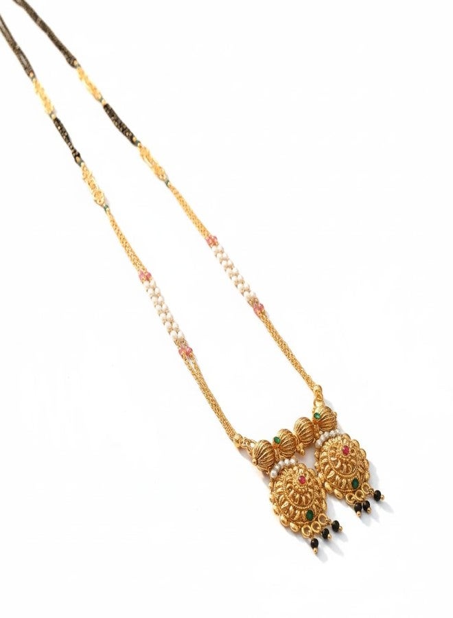 قلادة "فاتي داوالي" التقليدية المطلية بالذهب من "آيكو"، مصقولة بدقة، مانجالسوترا بطول 36 بوصة مع سلسلة من اللؤلؤ والخرز للنساء، مانجالسوترا أنيقة - Image 1