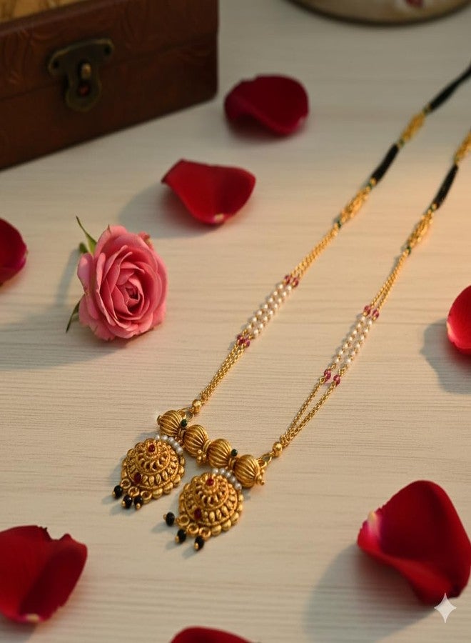 قلادة "فاتي داوالي" التقليدية المطلية بالذهب من "آيكو"، مصقولة بدقة، مانجالسوترا بطول 36 بوصة مع سلسلة من اللؤلؤ والخرز للنساء، مانجالسوترا أنيقة - Image 5