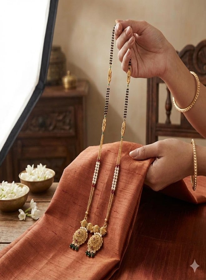 قلادة "فاتي داوالي" التقليدية المطلية بالذهب من "آيكو"، مصقولة بدقة، مانجالسوترا بطول 36 بوصة مع سلسلة من اللؤلؤ والخرز للنساء، مانجالسوترا أنيقة - Image 4