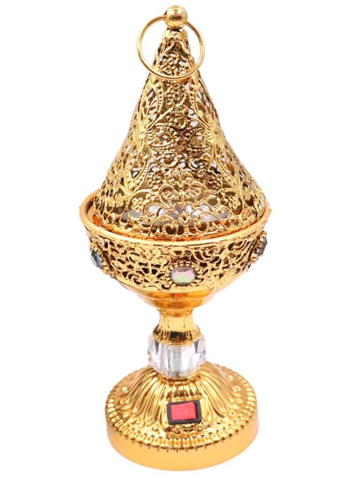 Luxury Mini Electric Oud Bakhoor Burner Gold Filigree Incense Burner with Crystal Accent, Portable Arabesque Electric Mabkhara, Electric Fragrance Diffuser for Oud, Resin, and Wood Chips - Image 1